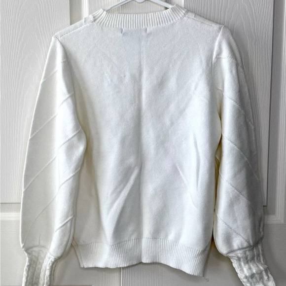 Simplee White Pom Pom Knit Sweater Chic Textured Cozy Winter Pullover. - Picture 2 of 8